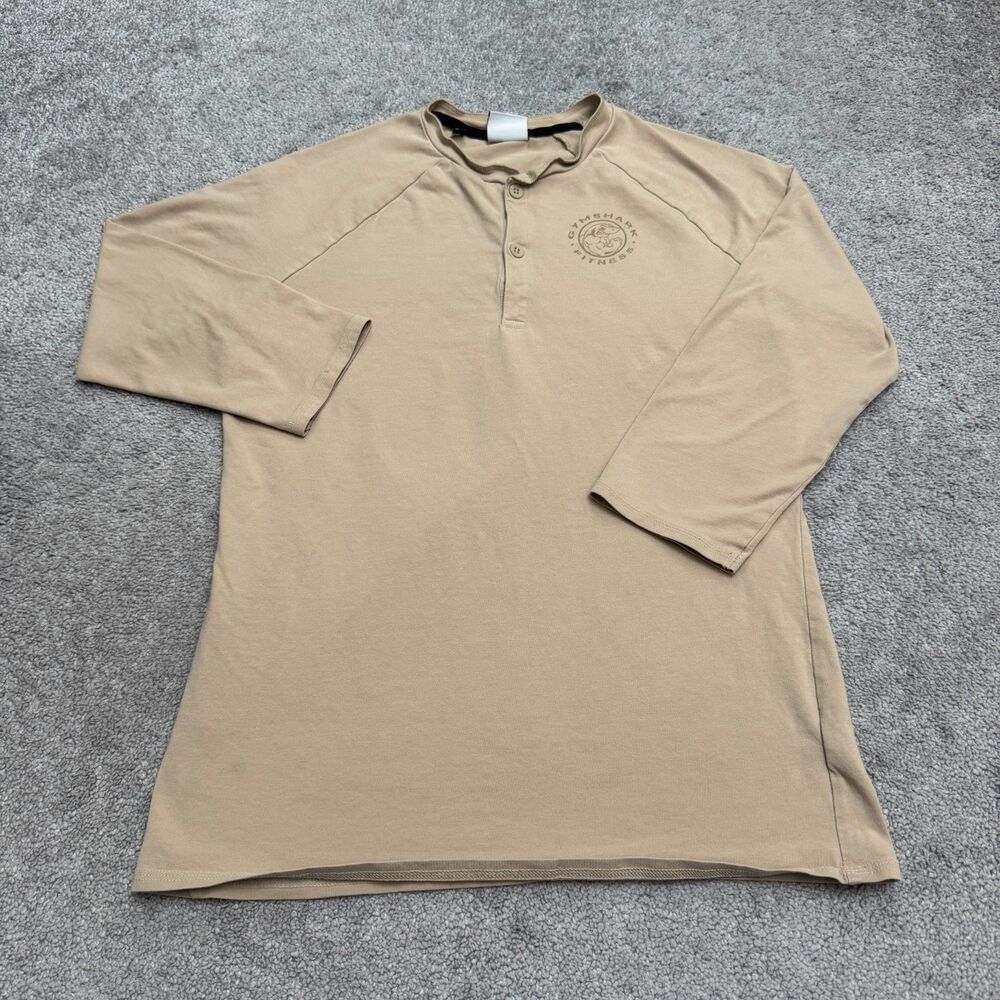 Gymshark Legacy Henley Shirt Mens S Beige Tan Raglan 3/4 Sleeve Stretch Slim Fit